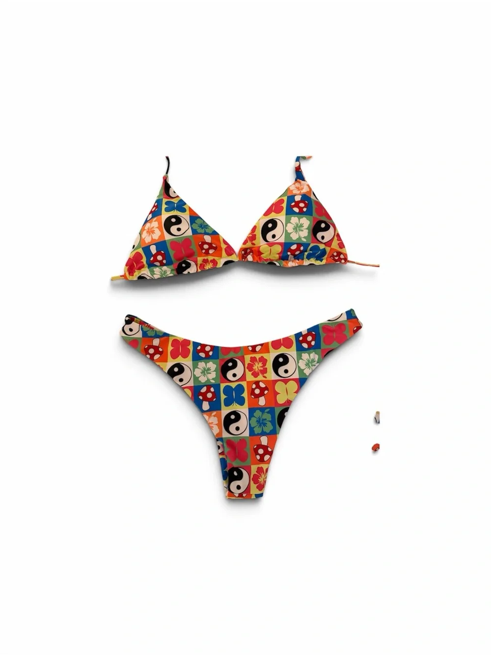 Multi-Color Yin Yang & Floral Print Bikini Set with mesh skirt
